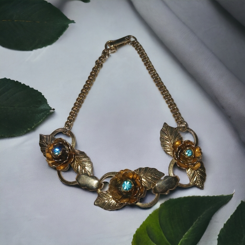 Victorian Revival Gilded Rose's And Blue Rhinestone Bracelet Dainty